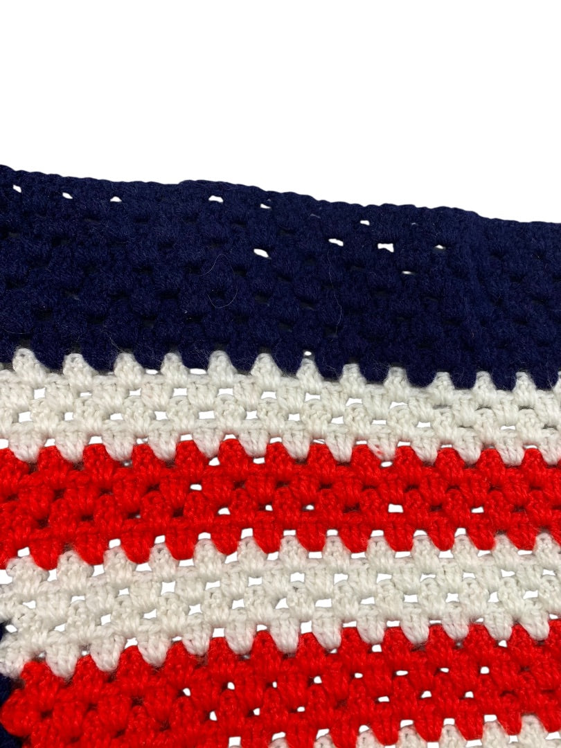 Vintage Crochet Patriotic USA Throw Blanket Afghan Stars Stripes 55" x 41"