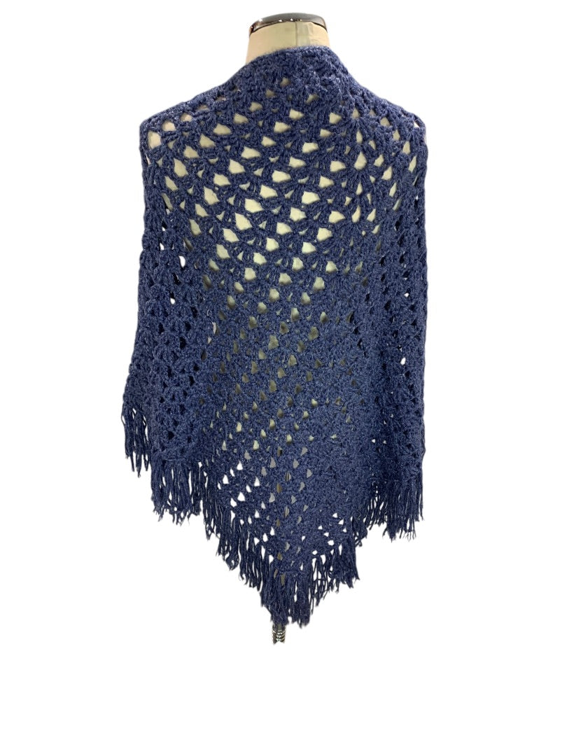 Vintage Crochet Shawl Sparkle Blue Fringed Hand Crocheted