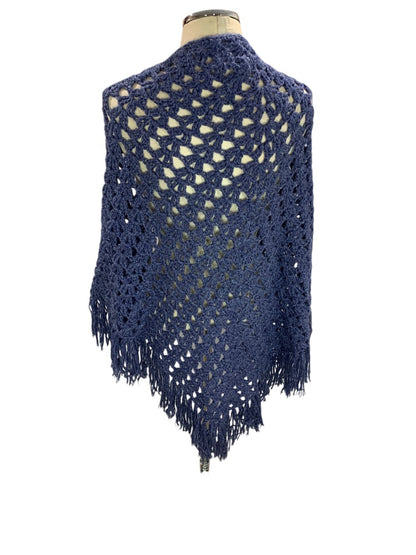 Vintage Crochet Shawl Sparkle Blue Fringed Hand Crocheted