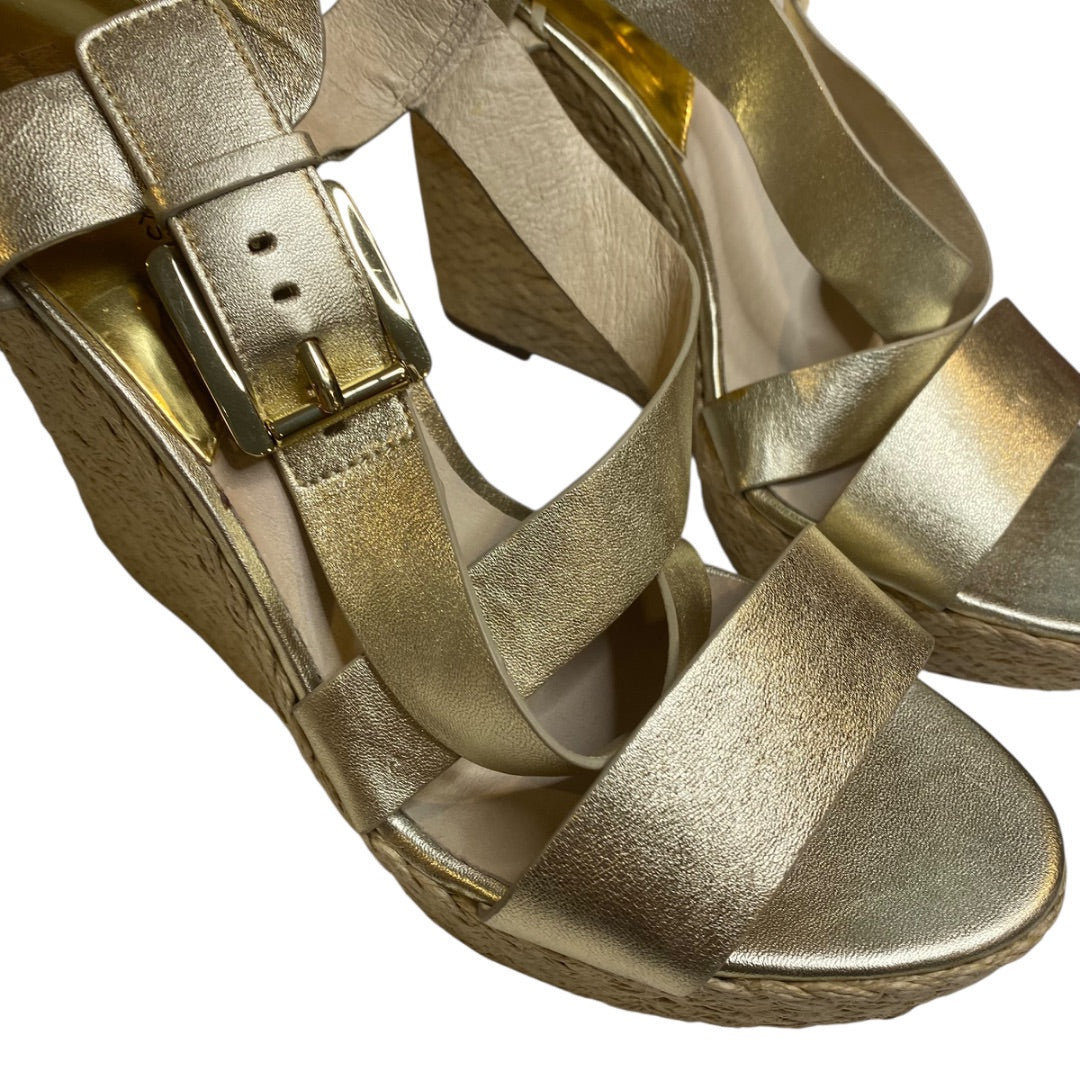 10 Michael Kors Giovanna Gold Strappy Wedge Sandals Metallic 5" Espadrilles
