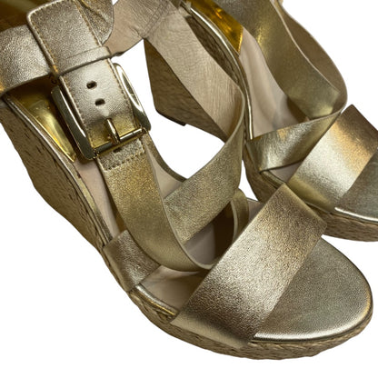 10 Michael Kors Giovanna Gold Strappy Wedge Sandals Metallic 5" Espadrilles