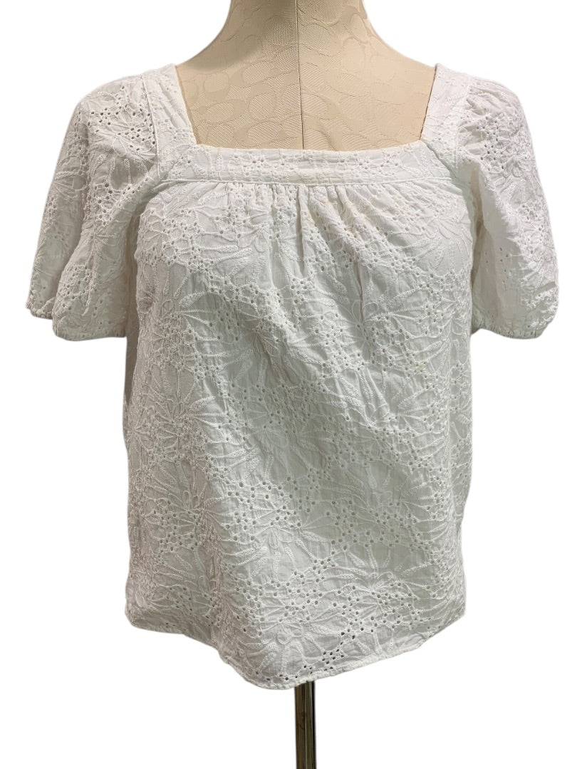 XXSP Loft Petites Womens White Eyelet Lined Pullover Blouse Square Neck