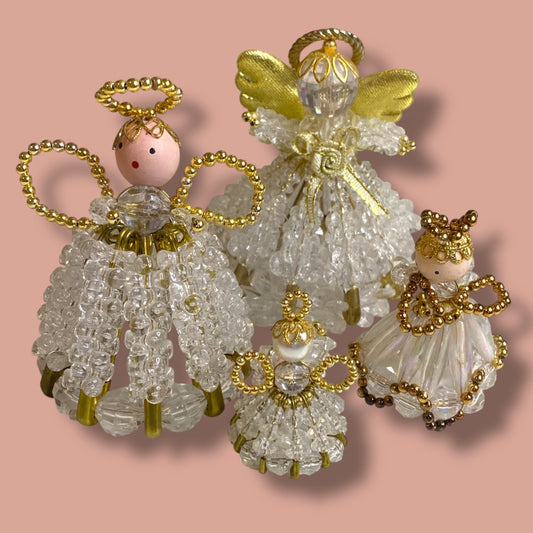 Set of 4 Vintage Beaded Angel Tabletop Ornaments 1.5"-3" Handmade