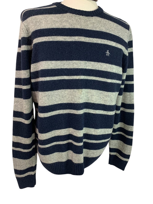 Large Penguin Munsingwear Mens Navy Blue Gray Striped Sweater Wool Blend