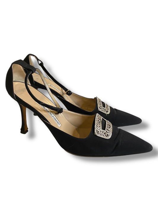Size 39.5 Manolo Blahnik Vintage Black Rhinestone Buckle Heels 3"