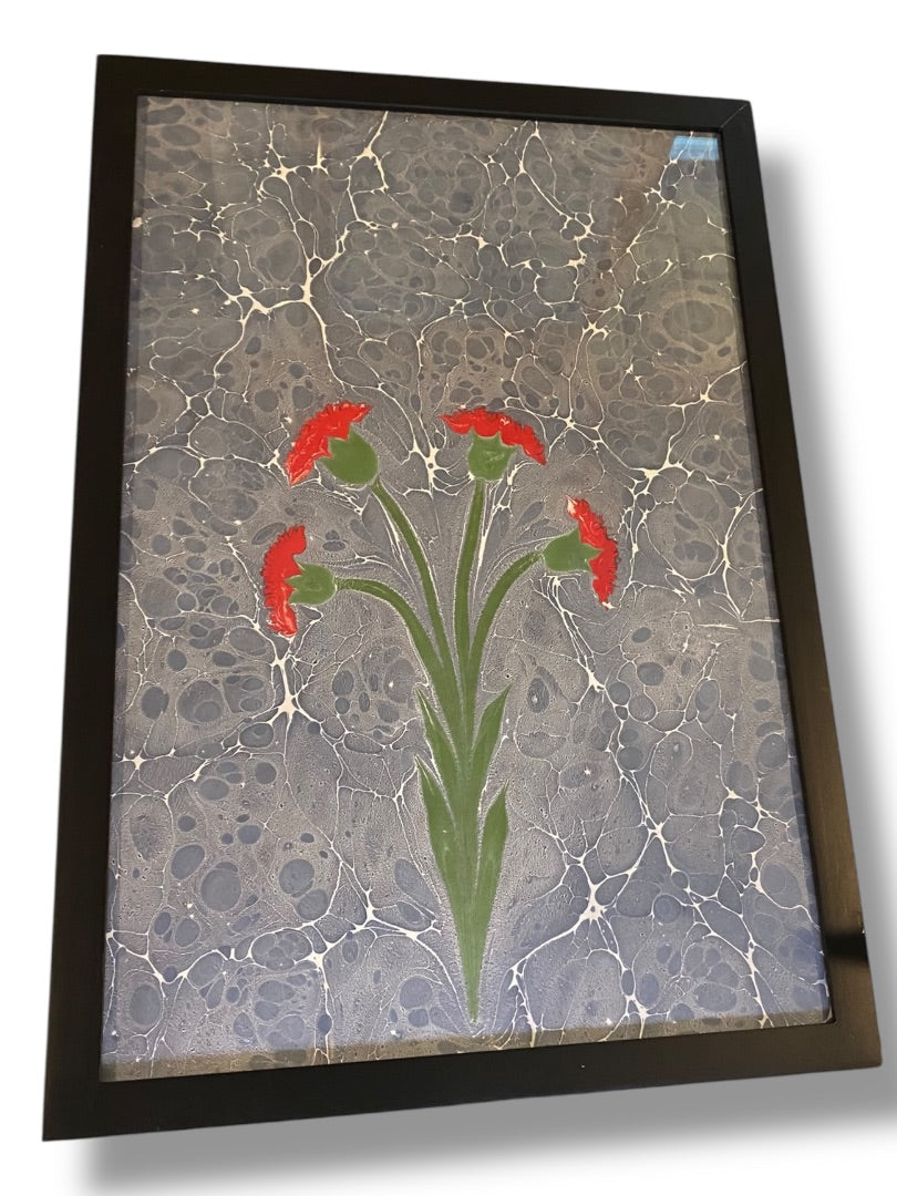 Turkish Ebru Painting Marbling Framed Flowers 17.5" x 11.5" Red Blue