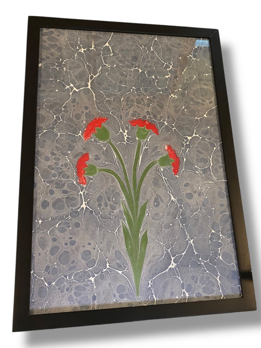 Turkish Ebru Painting Marbling Framed Flowers 17.5" x 11.5" Red Blue