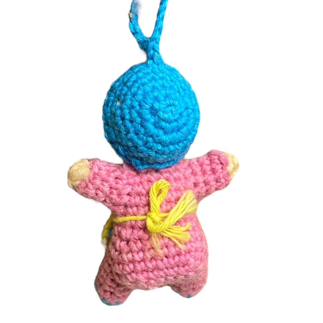 Vintage Amigurumi Japanese Miniature Crochet Baby Girl Doll 2" Silk Face Hanging