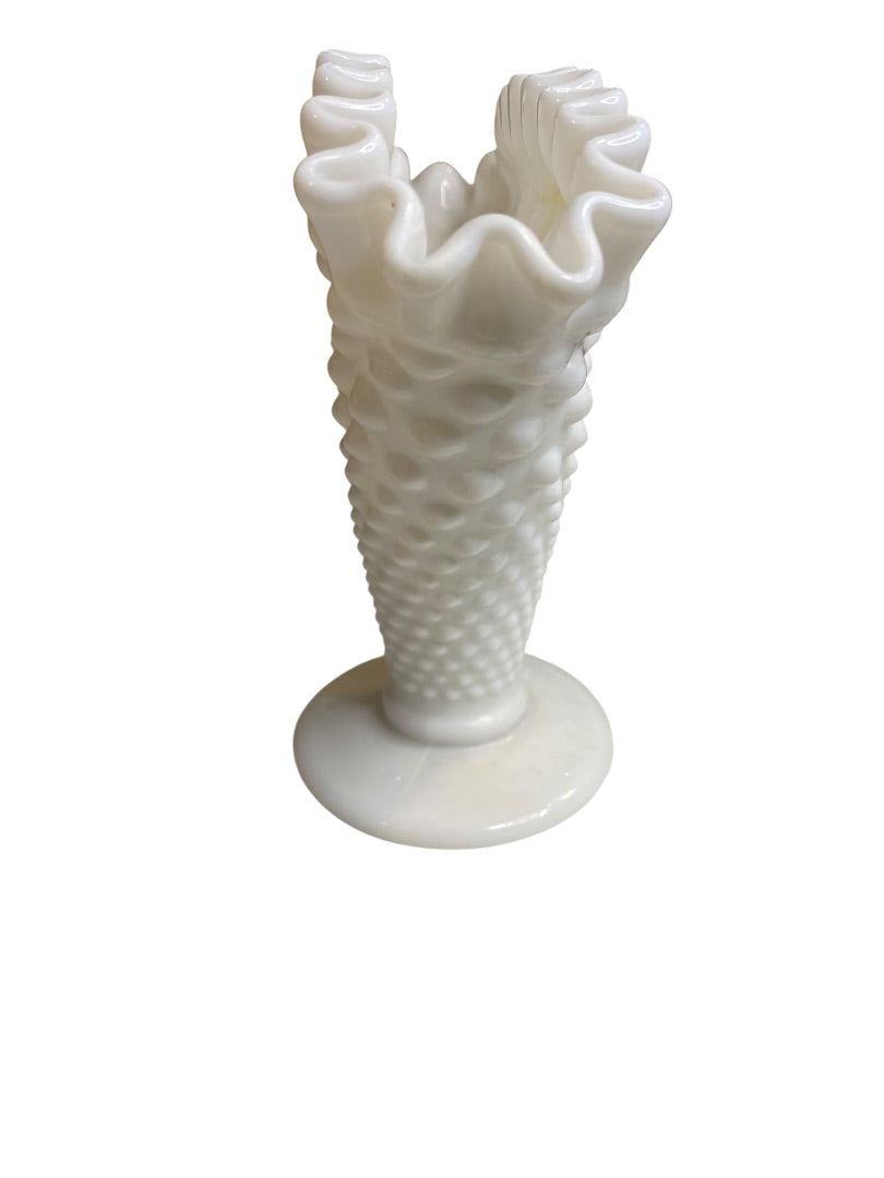 Vintage Fenton Milkglass Hobnail Fan Vase Crimped 5.5"