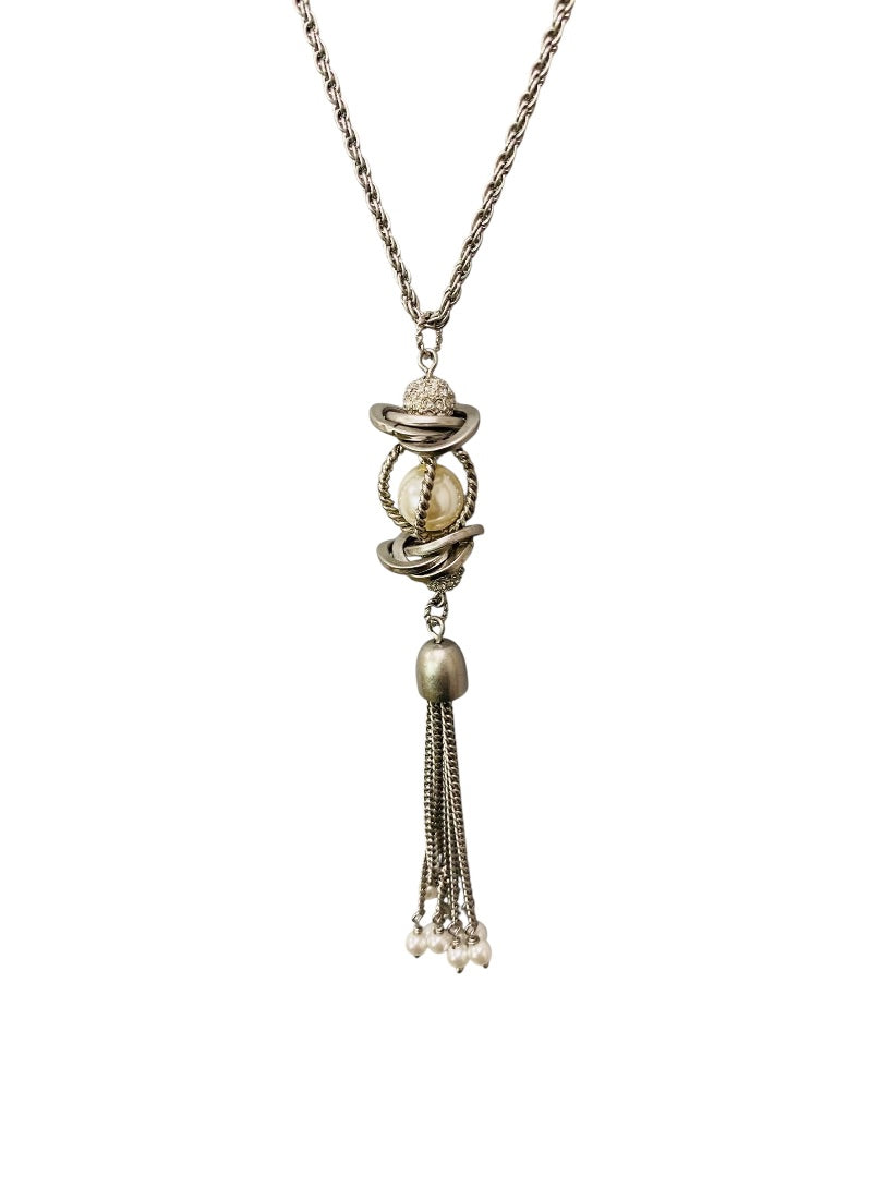 Lia Sophia Silvertone 5" Tassel Necklace 30" Lobster Clasp Sparkle Faux Pearl