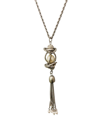 Lia Sophia Silvertone 5" Tassel Necklace 30" Lobster Clasp Sparkle Faux Pearl