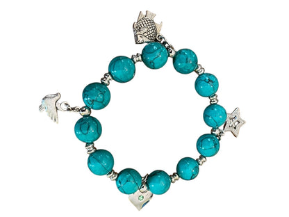 Beaded Stretch Silvertone Fish Dove Star Religious Stretch Bracelet Bright Blue
