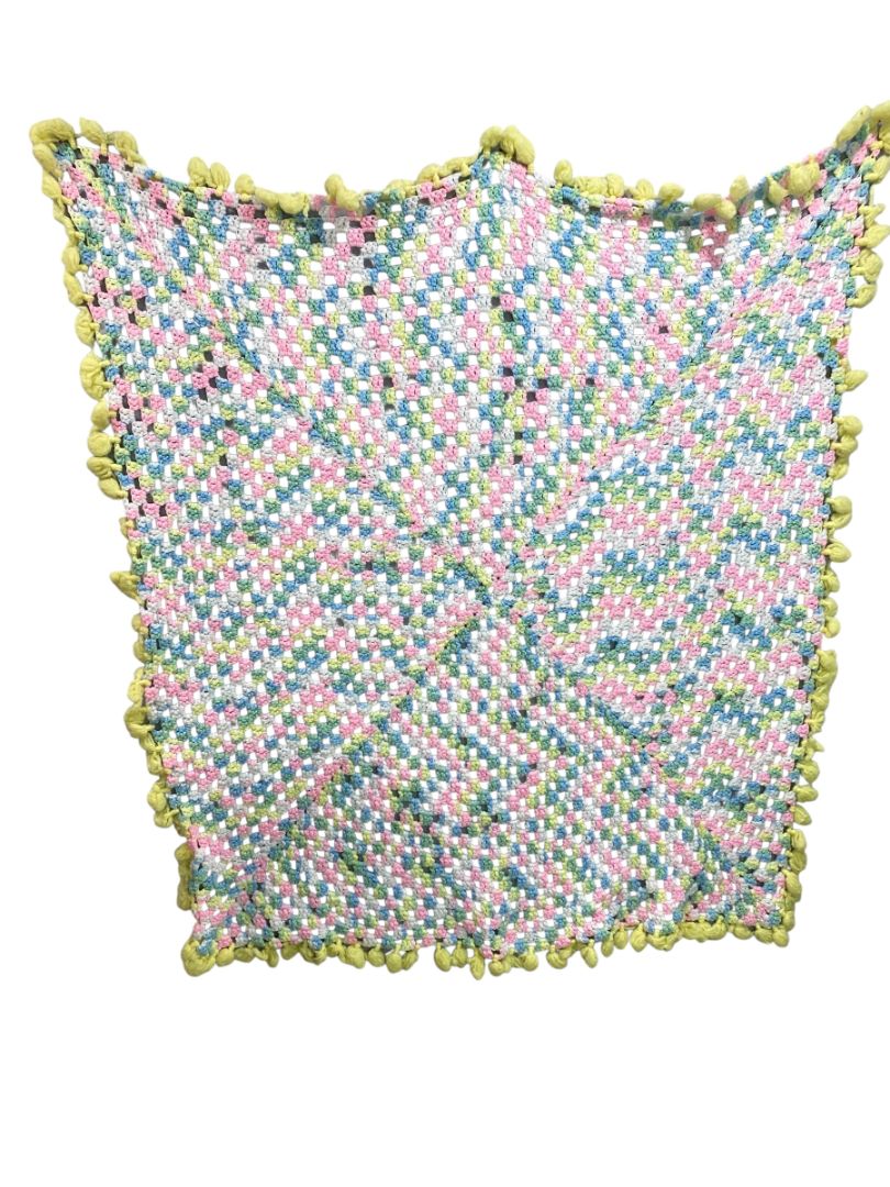 Vintage Crochet Baby Blanket Pastels 44" Square Yellow Pom Pom Trim