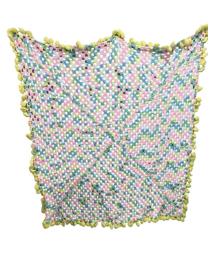 Vintage Crochet Baby Blanket Pastels 44" Square Yellow Pom Pom Trim