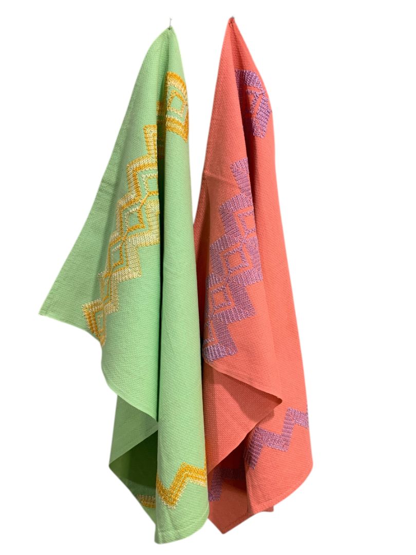 Set of 2 Pink Green Vintage Kitchen Towels Embroidered 23" x 16.5"