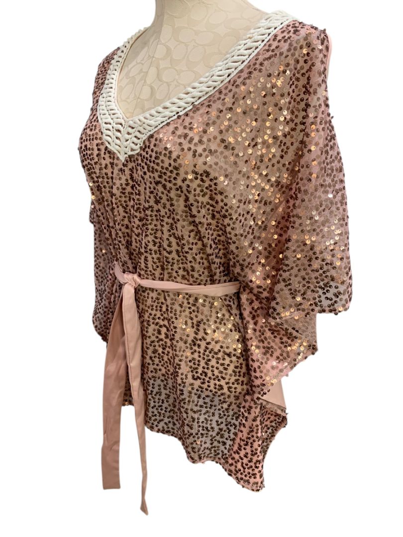 Size Medium XOXO Womens Pink Sequin Belted Blouse V-Neck