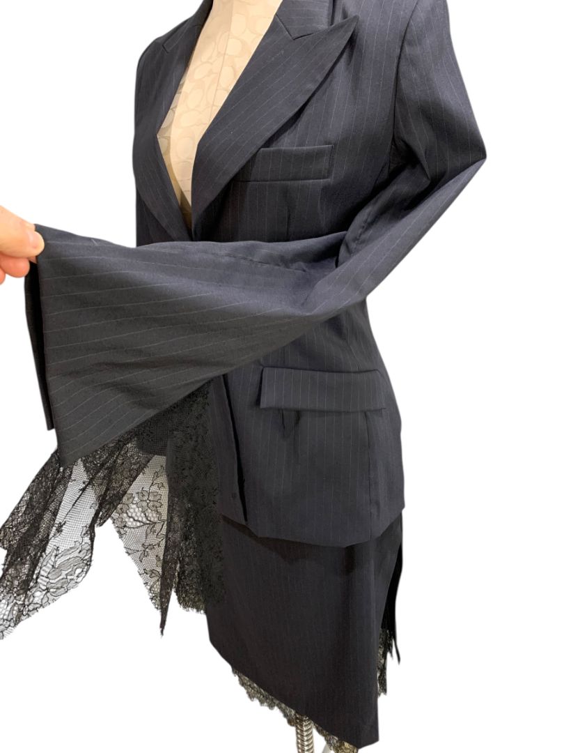 Size 38 Marcel Marongiu Skirt Suit Jacket Pinstripe Lace Trim France