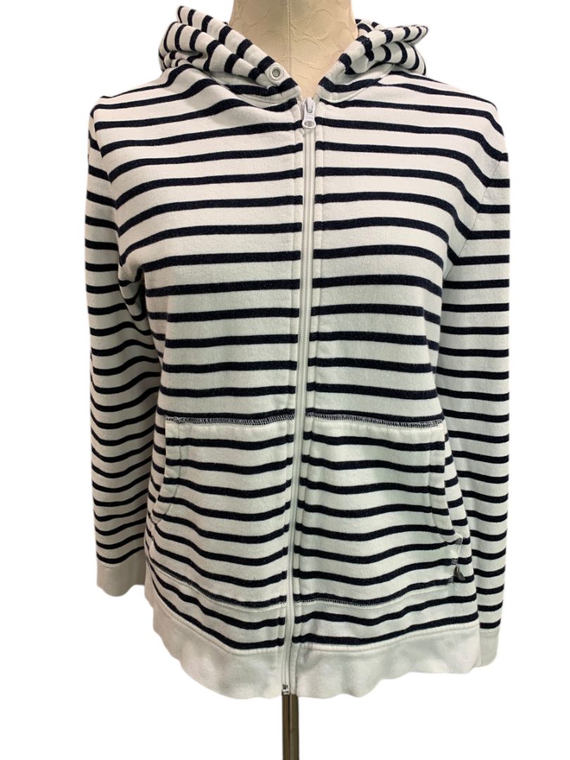 Size XL T by Talbots Womens Zip Up Hoodie Sweatshirt Navy Blue White Stripe