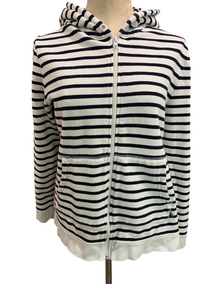 Size XL T by Talbots Womens Zip Up Hoodie Sweatshirt Navy Blue White Stripe