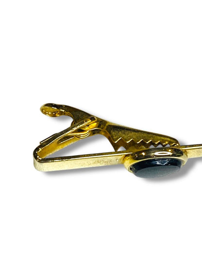 Vintage Tie Clasp Clip Goldtone Black Glass 1.5"