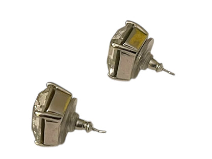 Emerald Cut Stud Post Pierced Earrings Clear .5" (14mm) Silvertone Setting