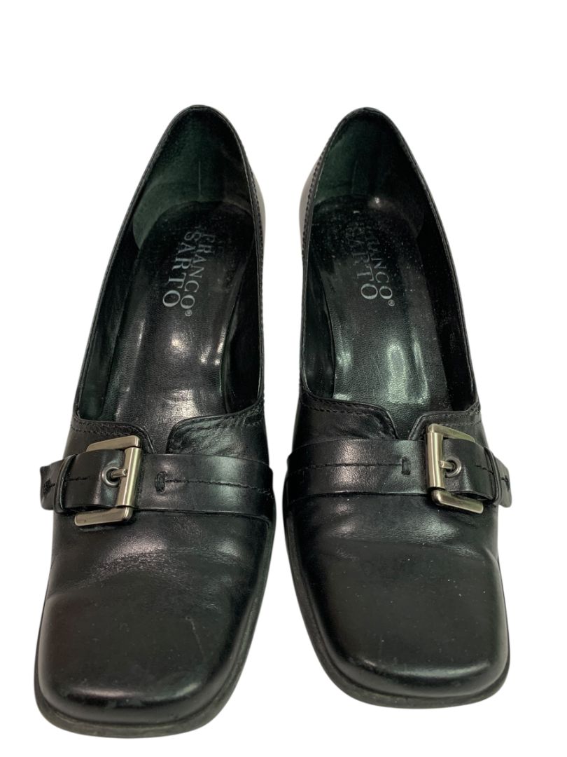 Size 7.5 Franco Sarto Womens Leather Silvertone Buckle 2.5" Block Heel