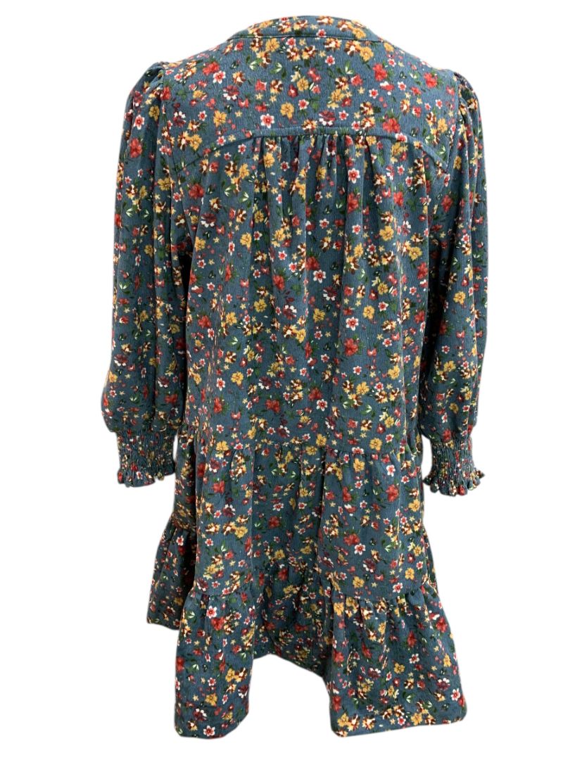 Size Medium Umgee Floral Corduroy Dress Pockets Blue V-Neck