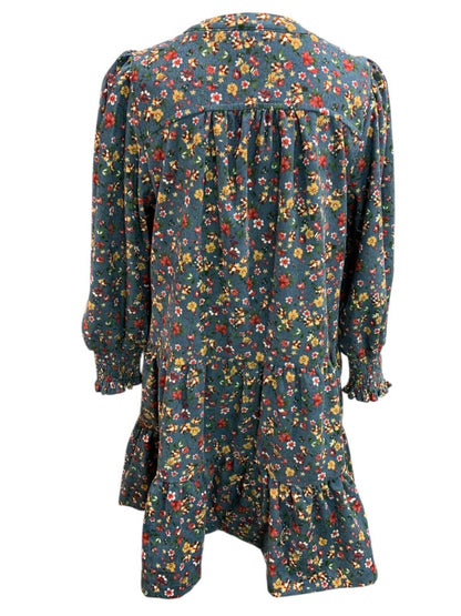 Size Medium Umgee Floral Corduroy Dress Pockets Blue V-Neck
