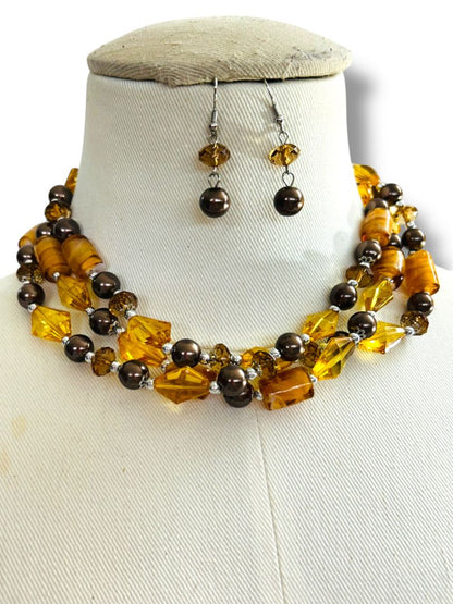 Amber Color Multistrand Acrylic Beaded Necklace Earring Set New