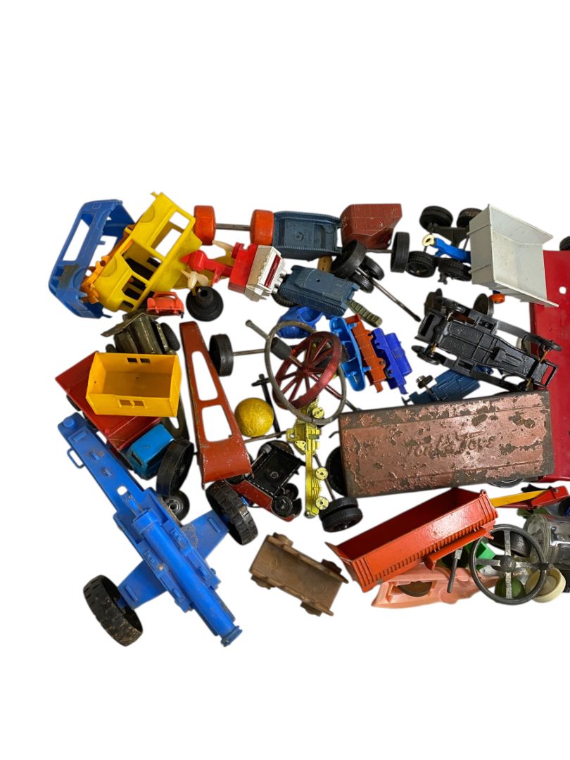 Vintage Toy Parts Pieces Scrap Junk Lot Wheels Hats Tires Plastic Tin