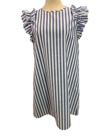 Size XL Shein Blue White Ruffle Sleeve Sheath Dress Lined Vertical Stripe