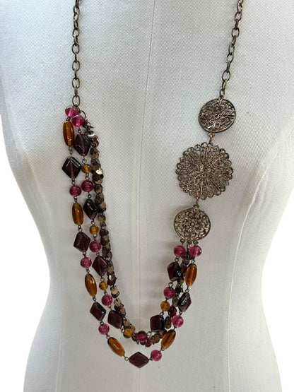 Copper Color Necklace 38" Copper Collar Medallions Orange Purple Beads