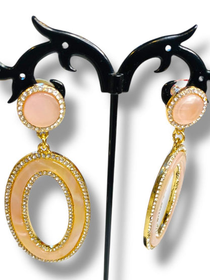 Statement Pierced Post Earrings Pink Goldtone Rhinestone 2.6"