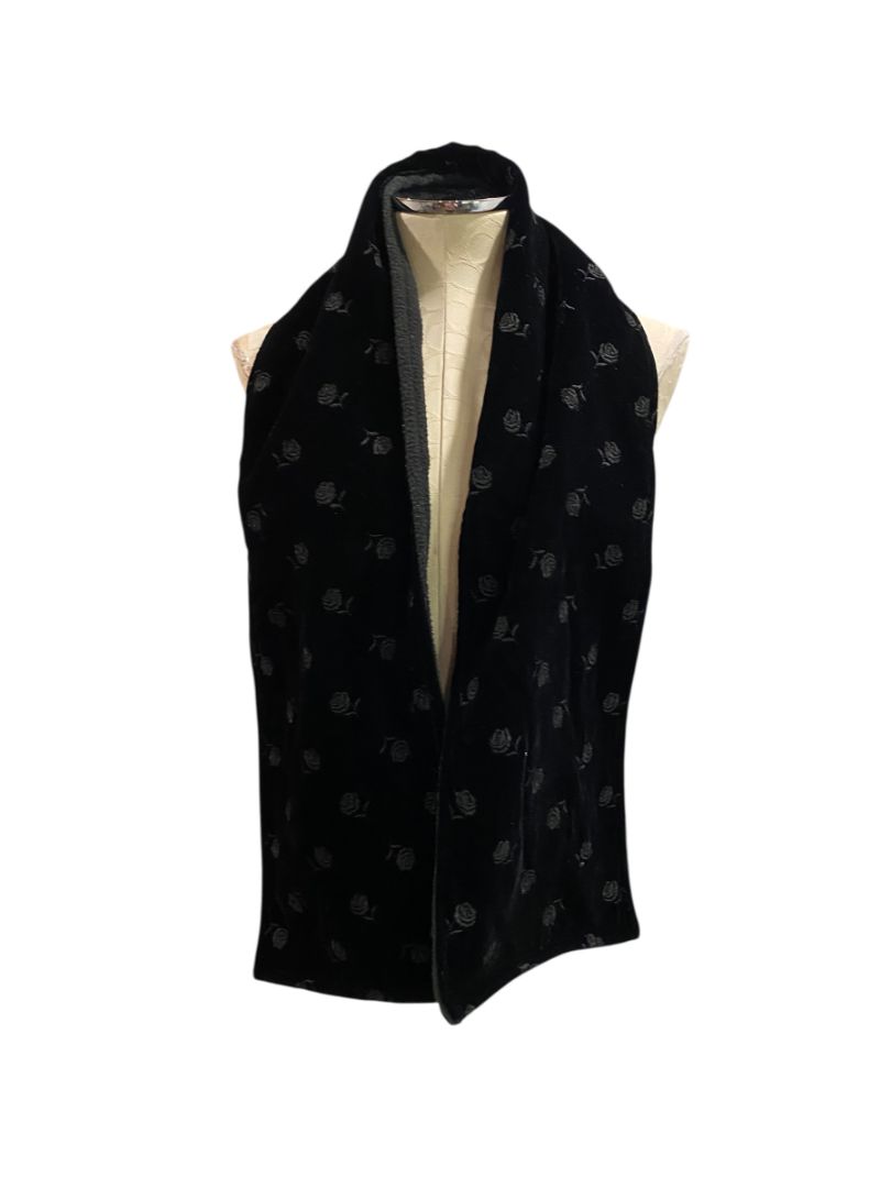 Vintage Talbots Black Velour Fleece Embroidered Scarf 56"l x 8"w
