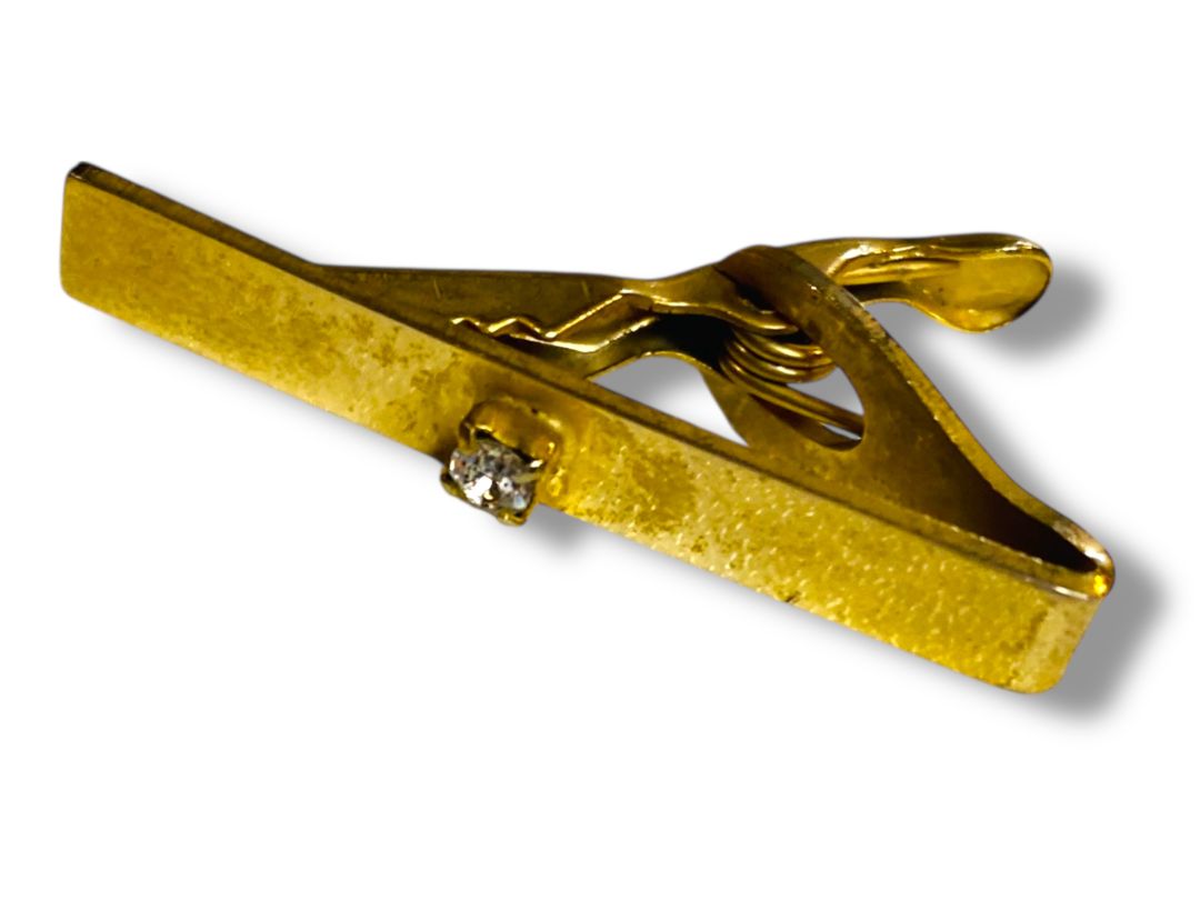 Vintage Goldtone Tie Clip Hinged Small Stone 1.5"