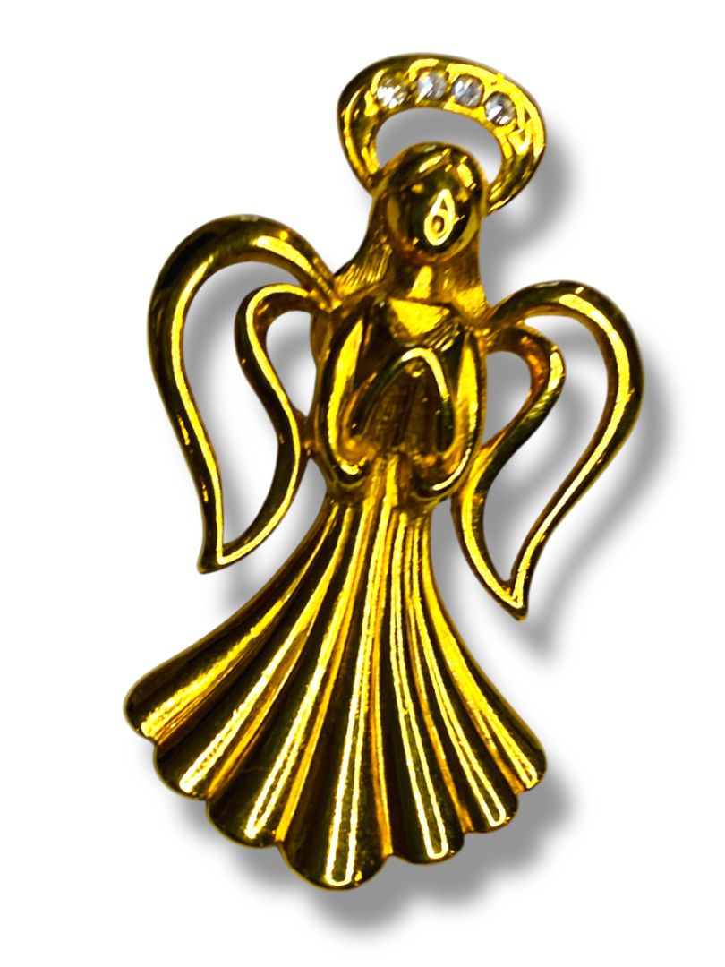Goldtone Angel Lapel Pin Praying Rhinestone Halo 1.8"