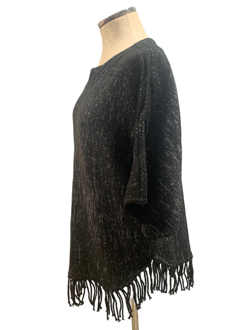 Medium NY Collection Women's Black Silver Fringed Sweater Short Raglan Sleeve