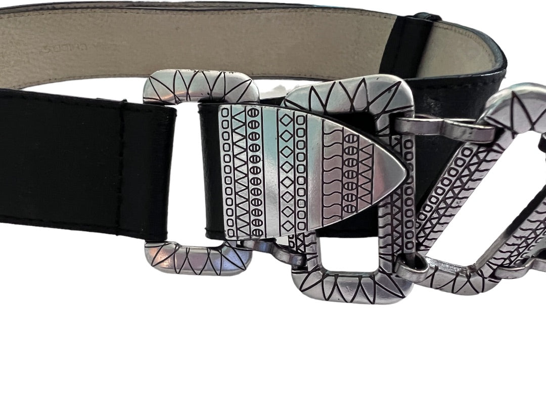 Chico's Black Leather Silver Chain Link Adjustable Slide Belt