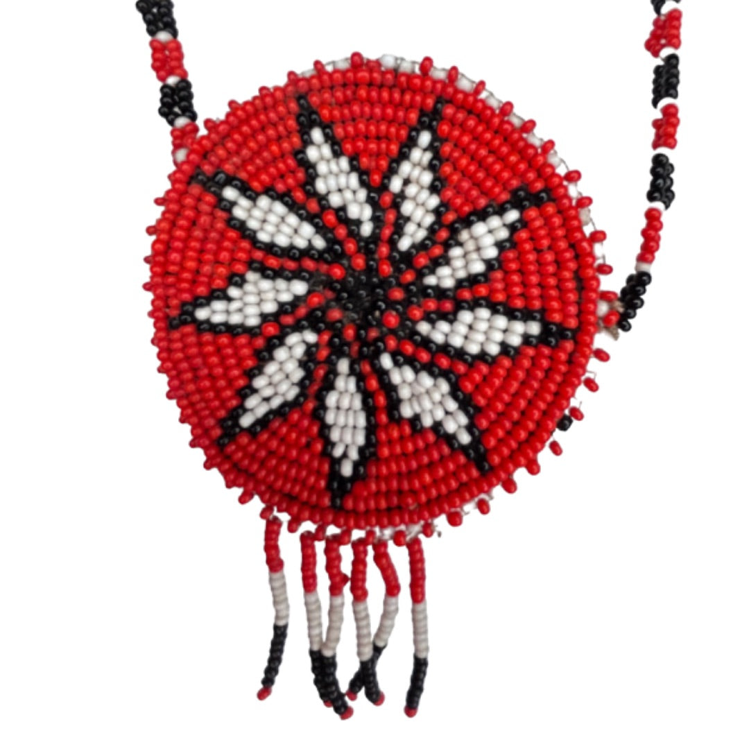 Seed Bead Star Pendant Necklace Leather Backing 29" Red Black White