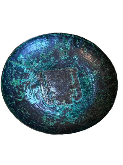 Graziella Laffi Peru Green Copper Mayan Sculpture Decorative Round Plate 5.25" Diameter