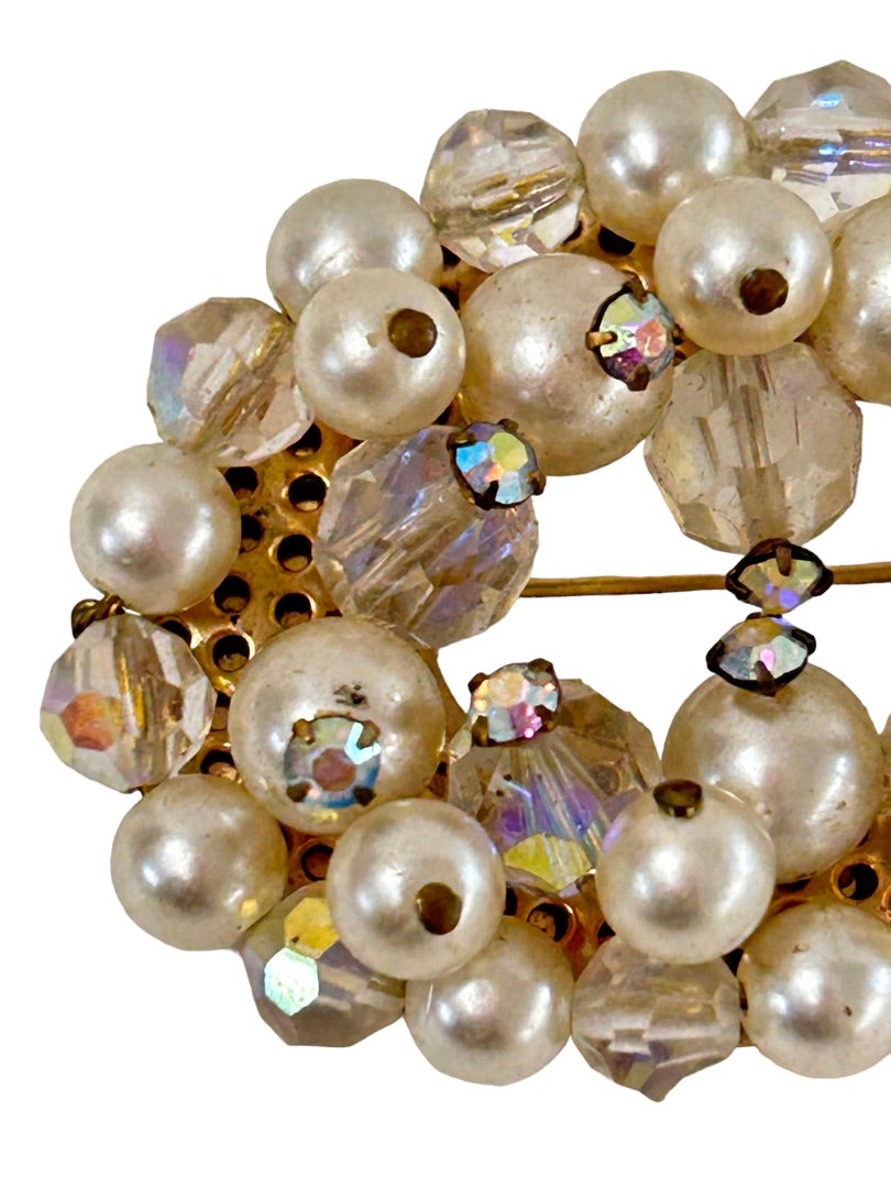 Vintage Brooch Aurora Borealis Beads Faux Pearls Oval 2"