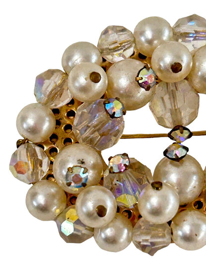 Vintage Brooch Aurora Borealis Beads Faux Pearls Oval 2"