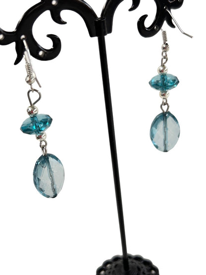 Blue Teal Faceted Acrylic Beaded Hook Pierced Earrings 2.5" Drop Dangle Silvertone