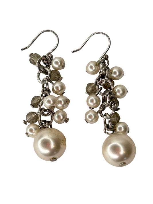 Faux Pearl Gray Crystal Earrings Pierced Hook 1 5/8" Drop Dangle