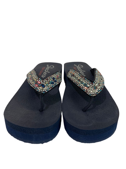 Size 8 Skechers Yoga Foam Platform Flip Flop Sandals Jeweled Navy Blue