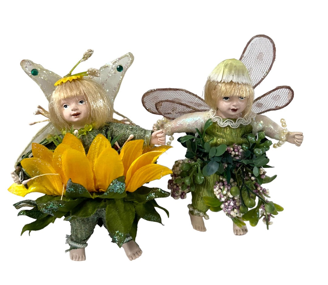 Set of 2 Porcelain Flower Fairy Figurines Lilac Sunflower Garden 4"  Nestling Nesting