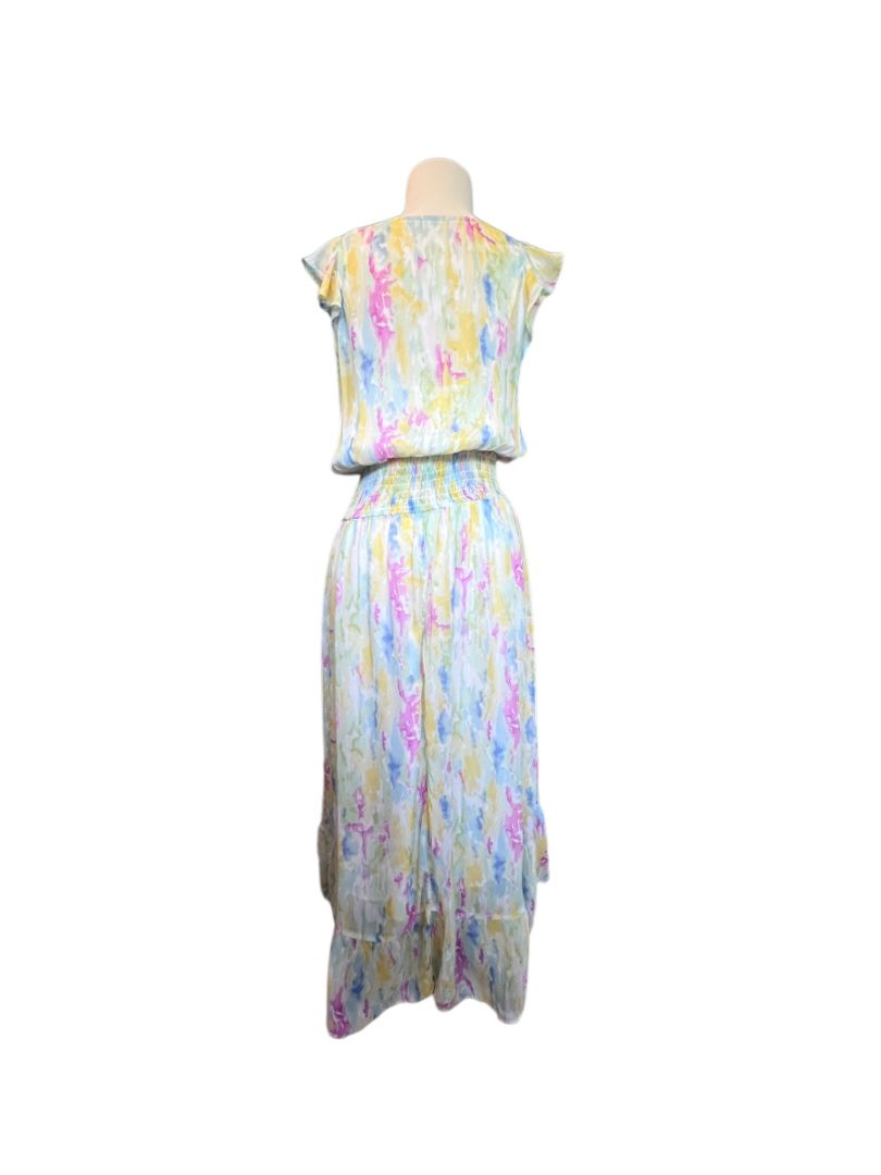 Size 8 Anthropologie Watercolor Print Spring Sleeveless Maxi Dress Lined Elastic Waist Tassle Ties