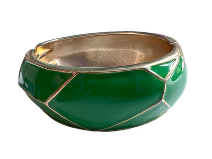 Goldtone Metal Hinged Bangle Bracelet Green Enamel Preppy