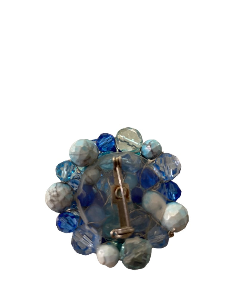 Mixed Blue Tones Beaded Cluster Brooch Statement 2.5" Diameter Pin