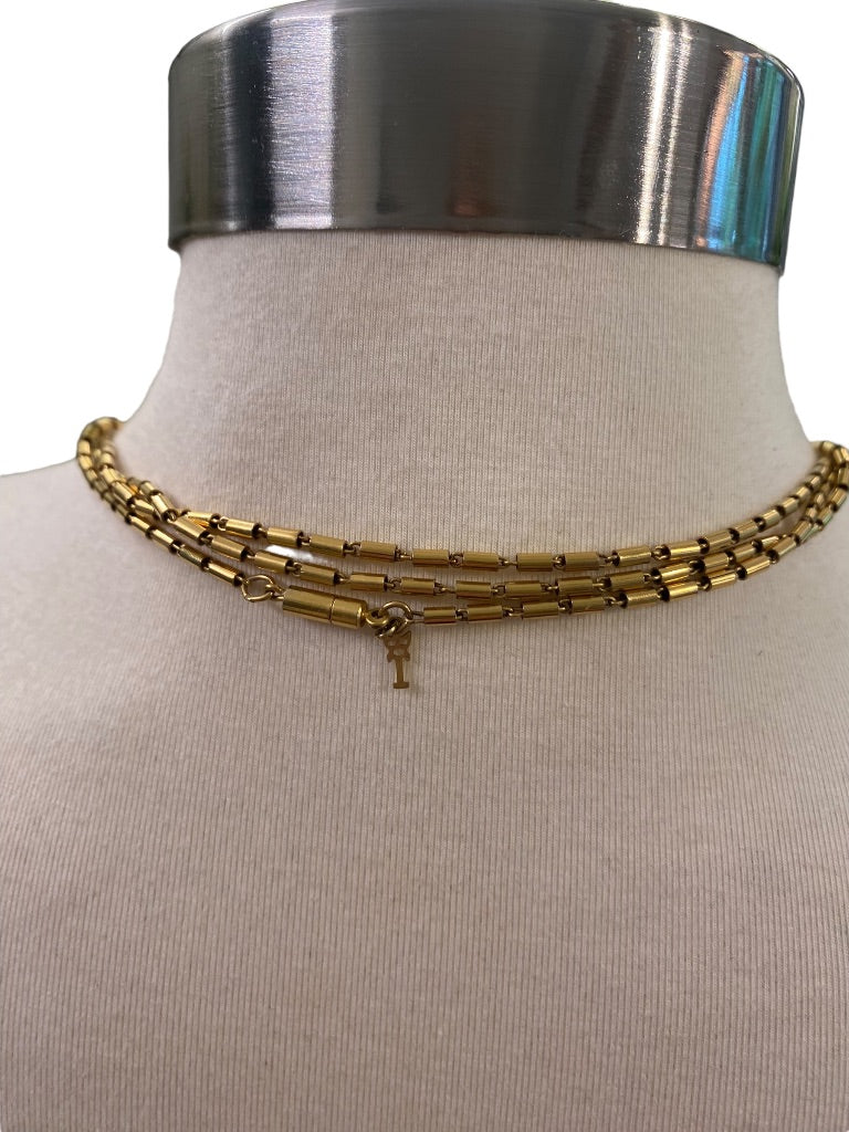 Goldtone Bugle Bead Necklace 54" Strand String Barrel Closure